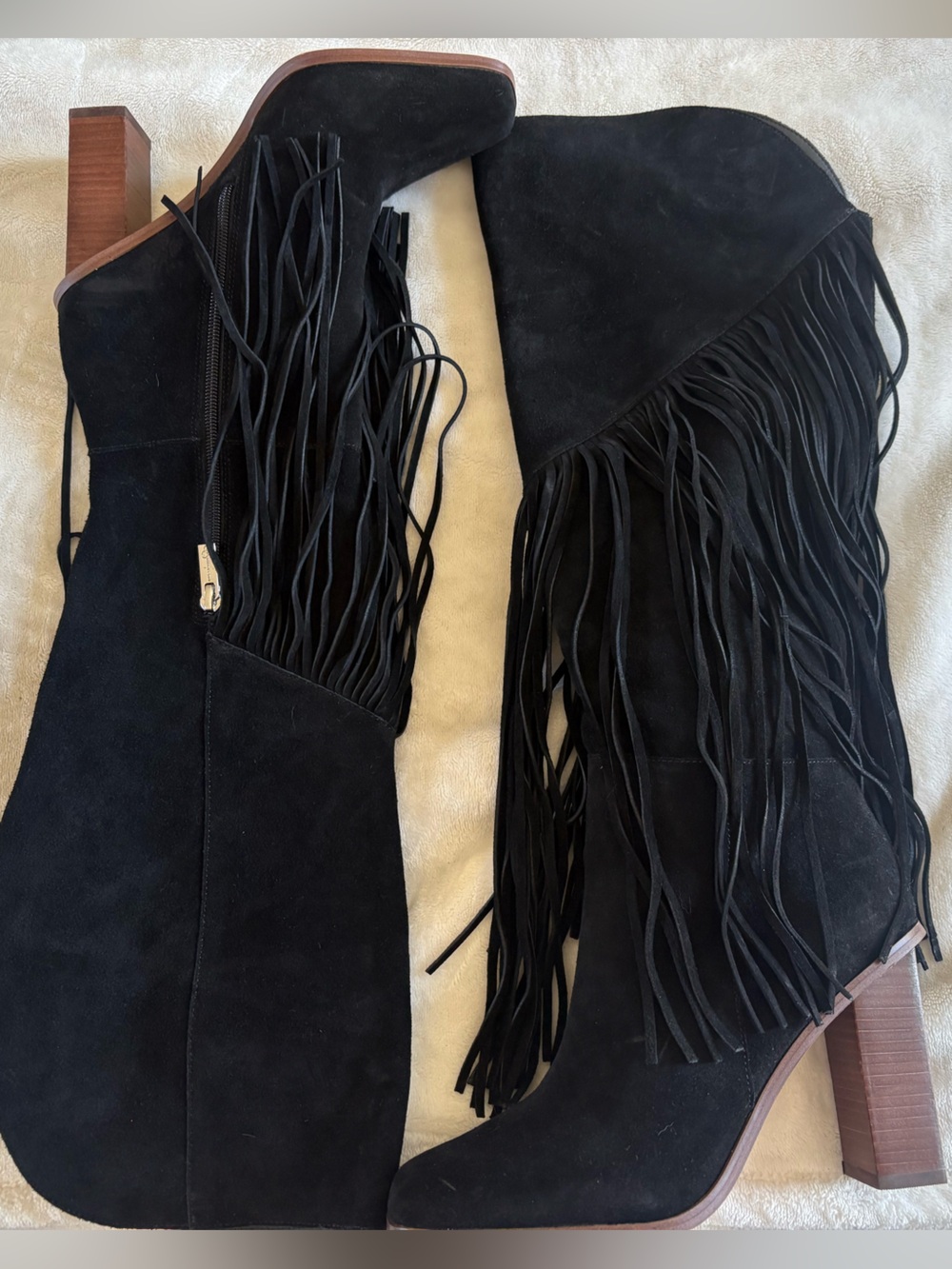 Jessica Simpson Black Suede Fringe Knee-High Heeled Boots